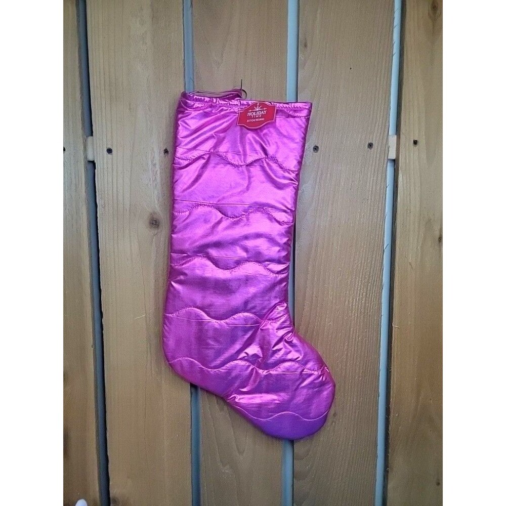 Holiday Time 20 Inch Quilted Pink Bright Christmas Stocking Shiny